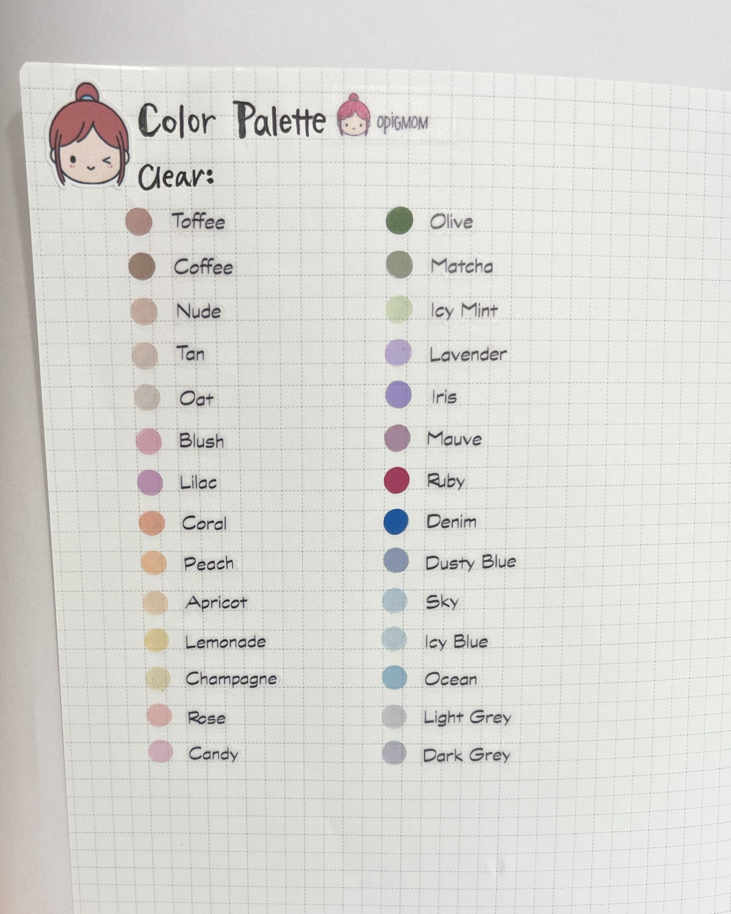 OPigMom Shop Color Palette (on Clear Sticker Paper)