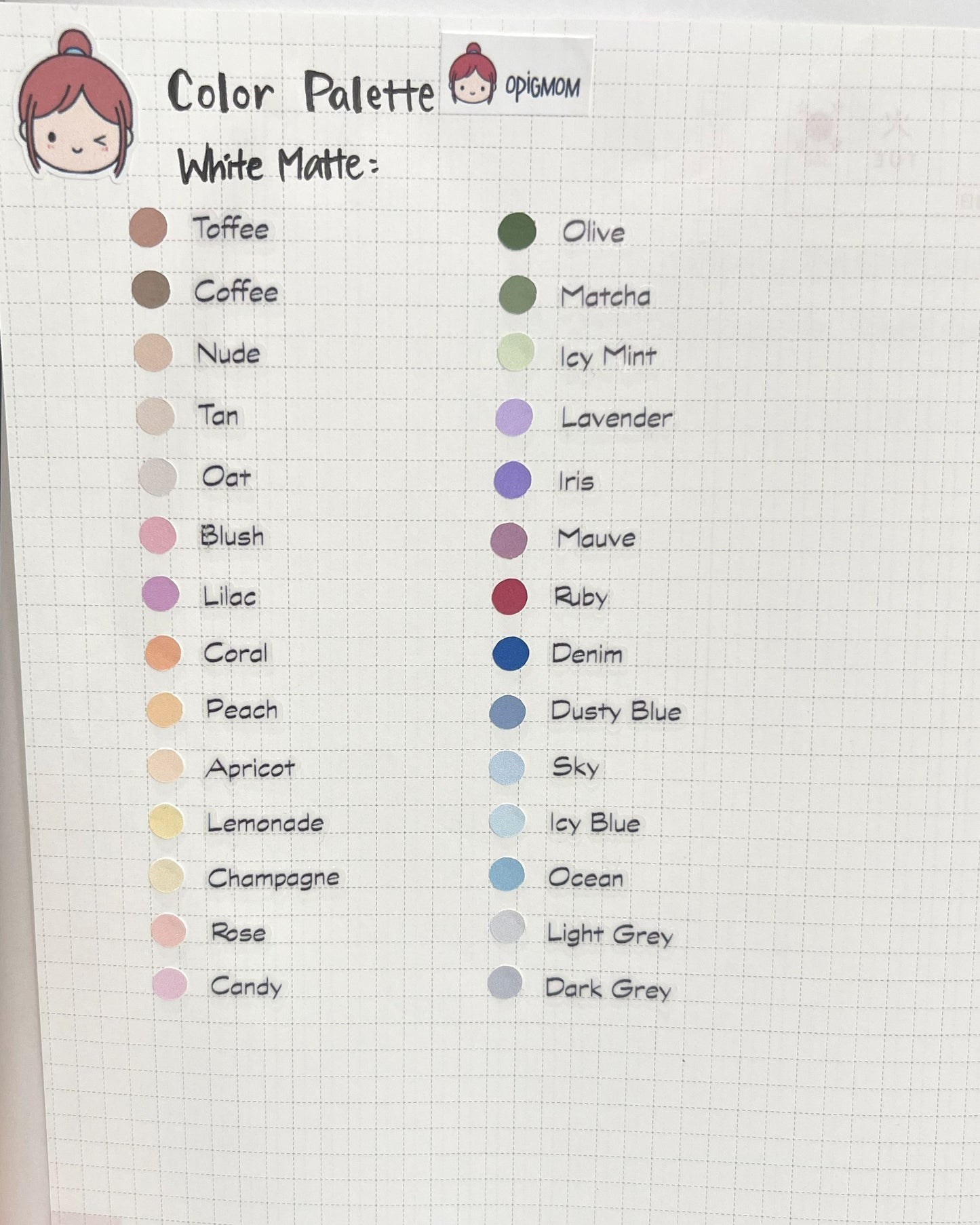 OPigMom Shop Color Palette (on White Matte Sticker Paper)