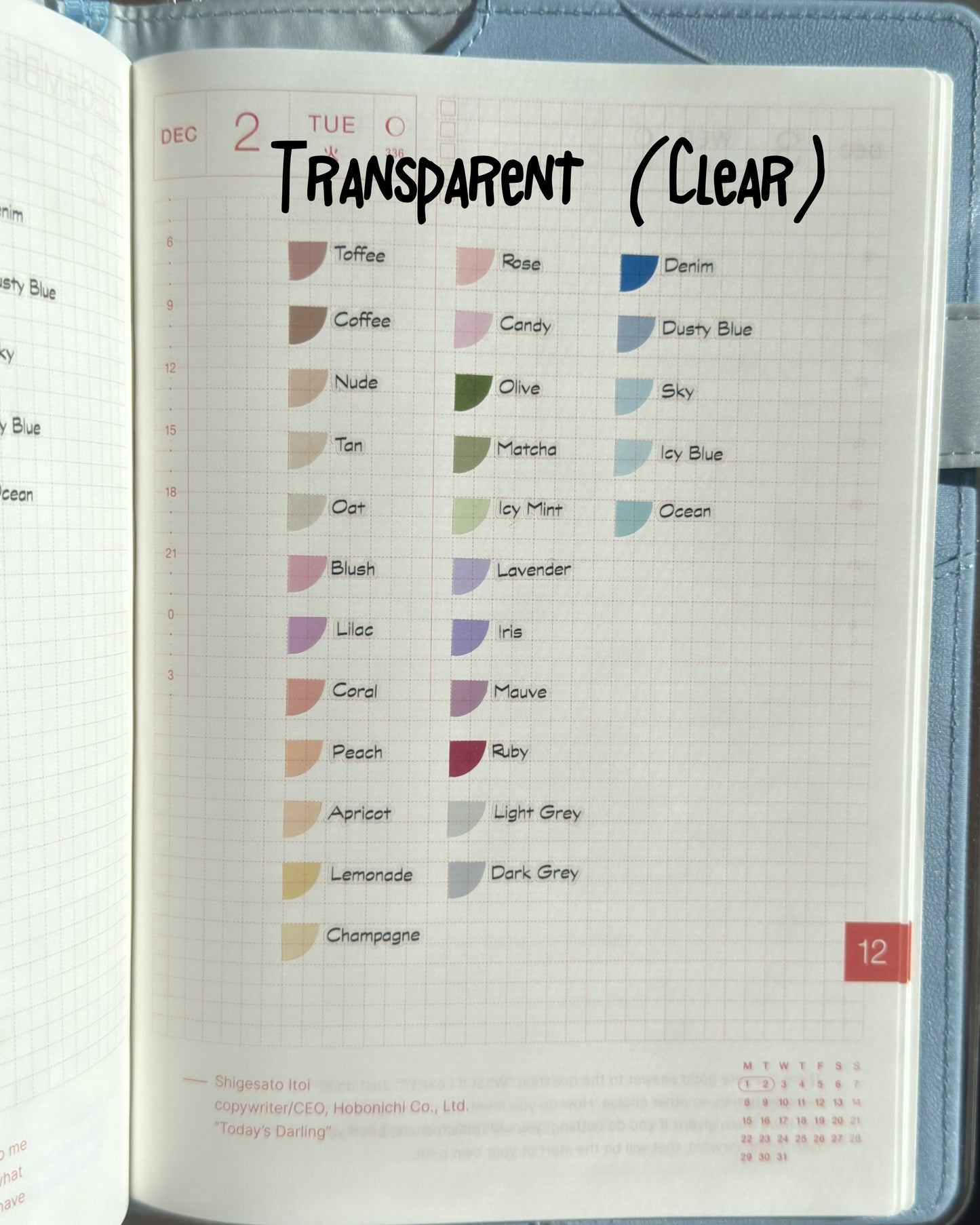 Weekdays cover for Hobonichi Weeks | Days of the week | Date Cover for Planner