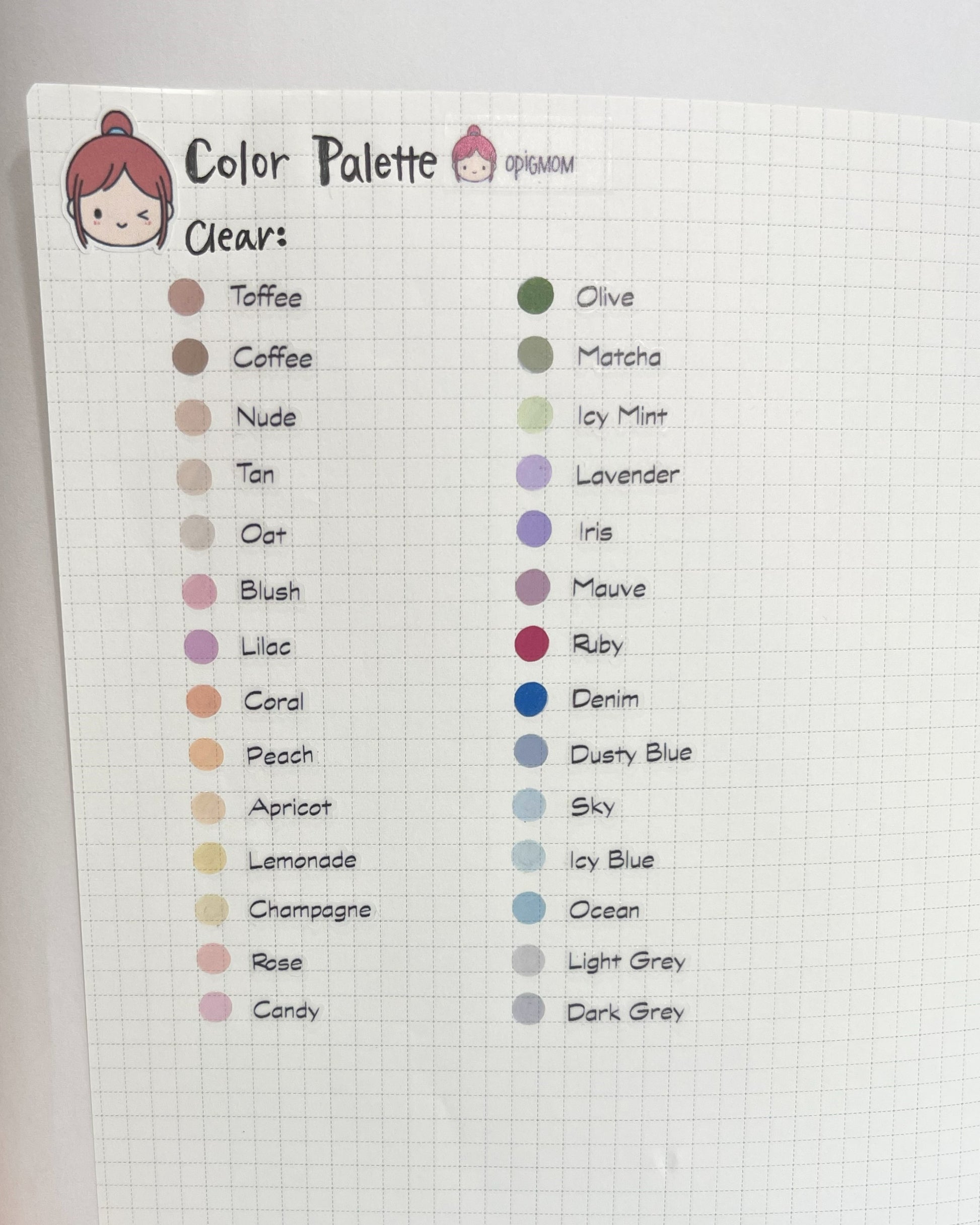 OPigMom Shop Color Palette (on Clear Sticker Paper)