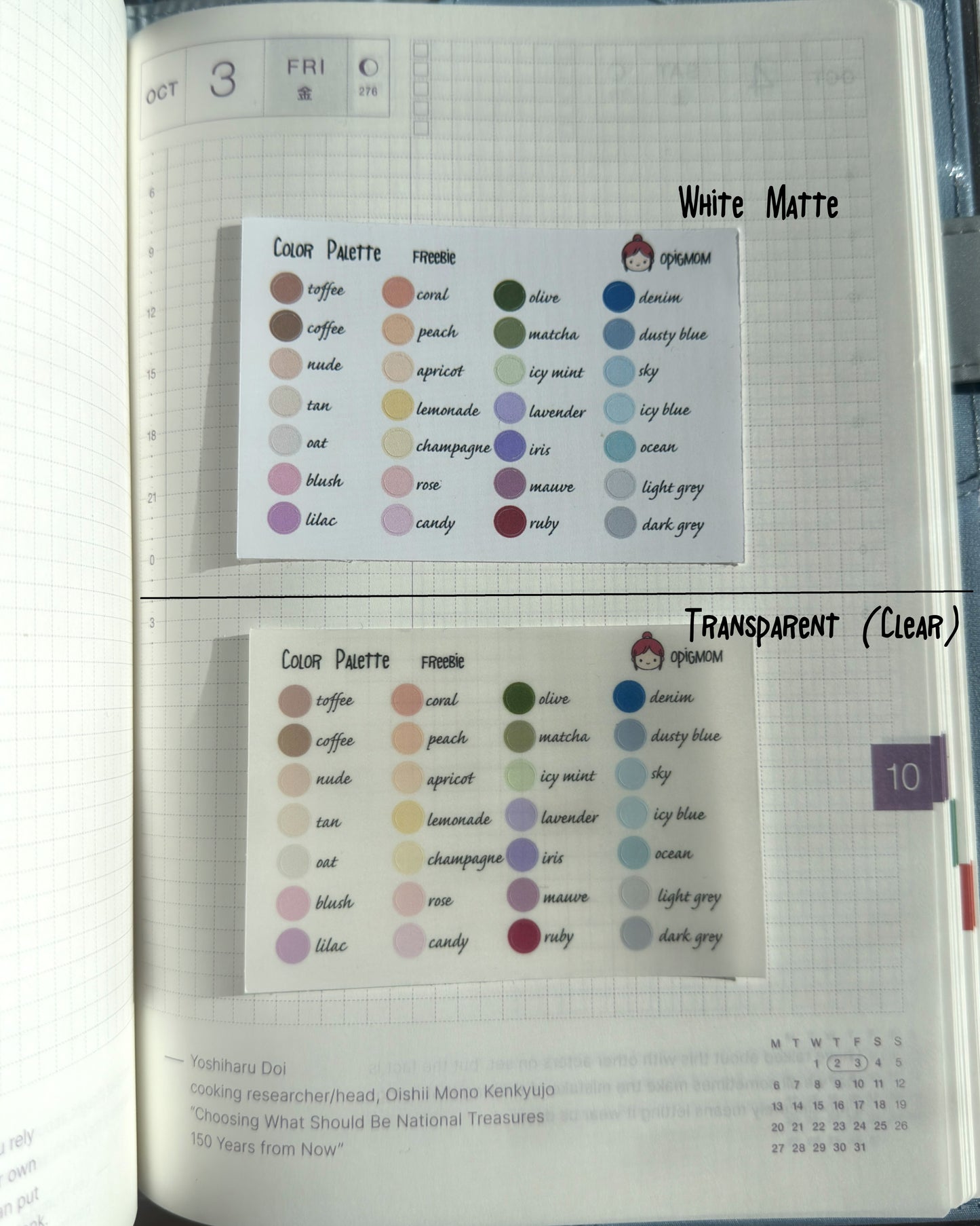 Weekdays cover for Hobonichi Weeks | Days of the week | Date Cover for Planner