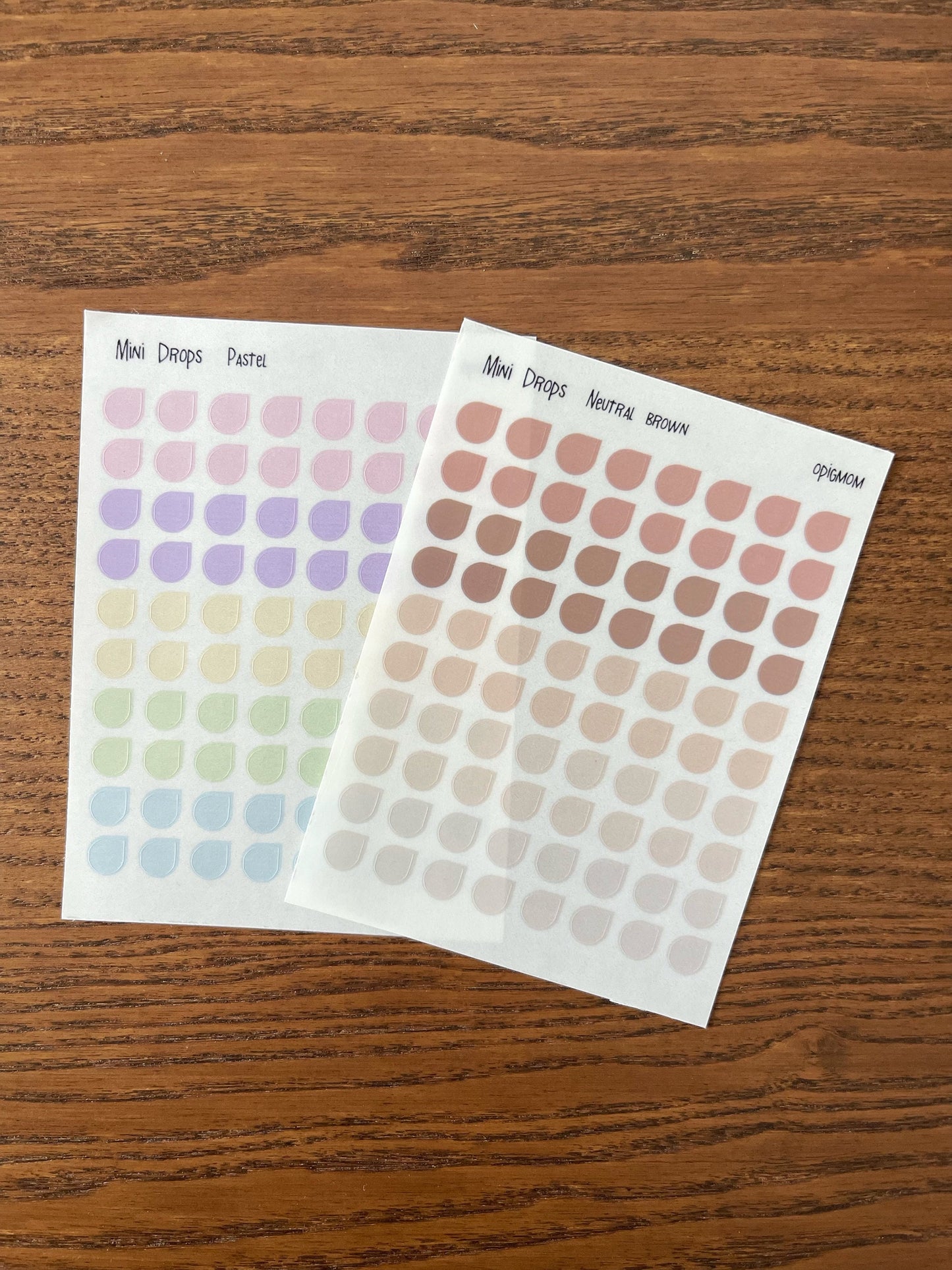 Mini drops shape planner stickers with neutral brown and pastel colors 