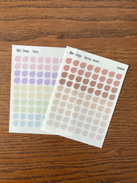 Mini drops shape planner stickers with neutral brown and pastel colors 
